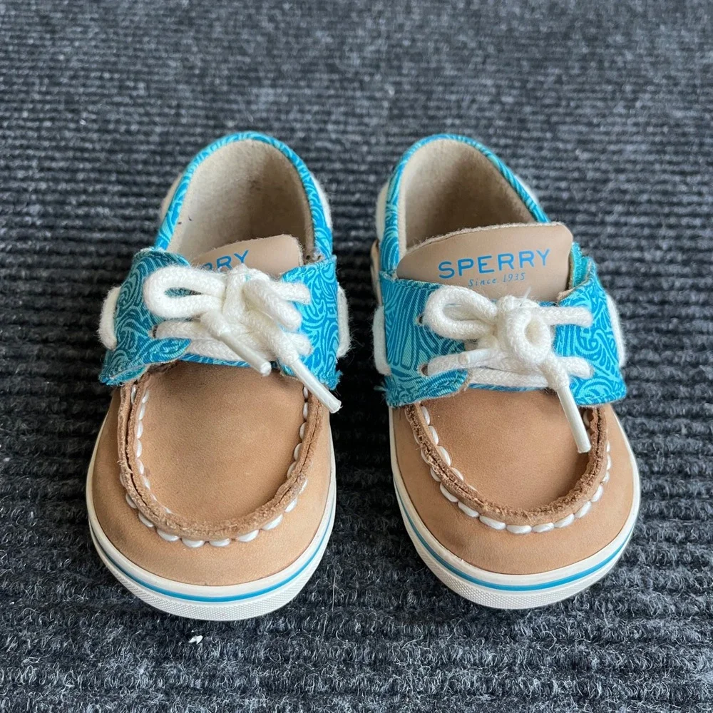 Sperry Intrepid Crib Jr Boat Shoes Infant 4M Tan Blue Leather Wave Pattern